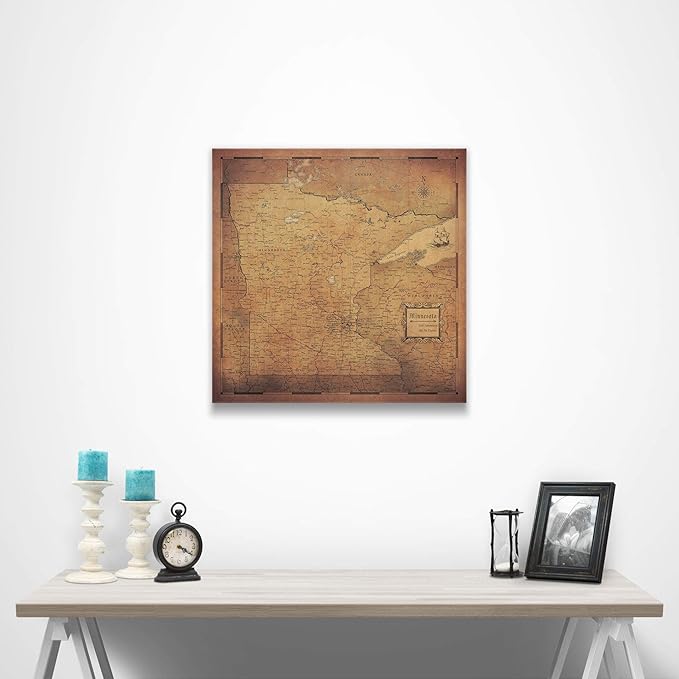 Push Pin Minnesota Map Board - With Push Pins to Mark Minnesota Travel - Handmade in Ohio, USA - Design: Golden Aged