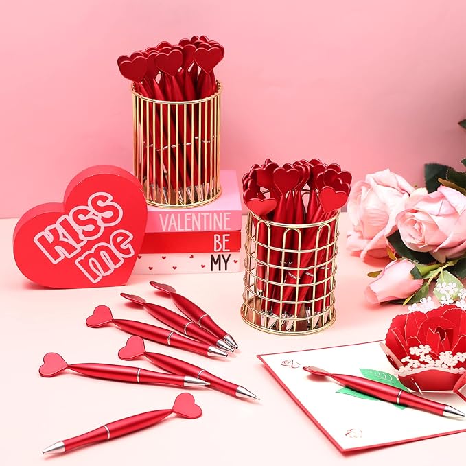 Crtiin 200 Pcs Valentine's Day Heart Shaped Pens Bulk Black Gel Ink Novelty Valentine Party Favor 1.0 mm Heart Ballpoint Pens for Men Women Office Valentine's Day Wedding Party Supply (Red)