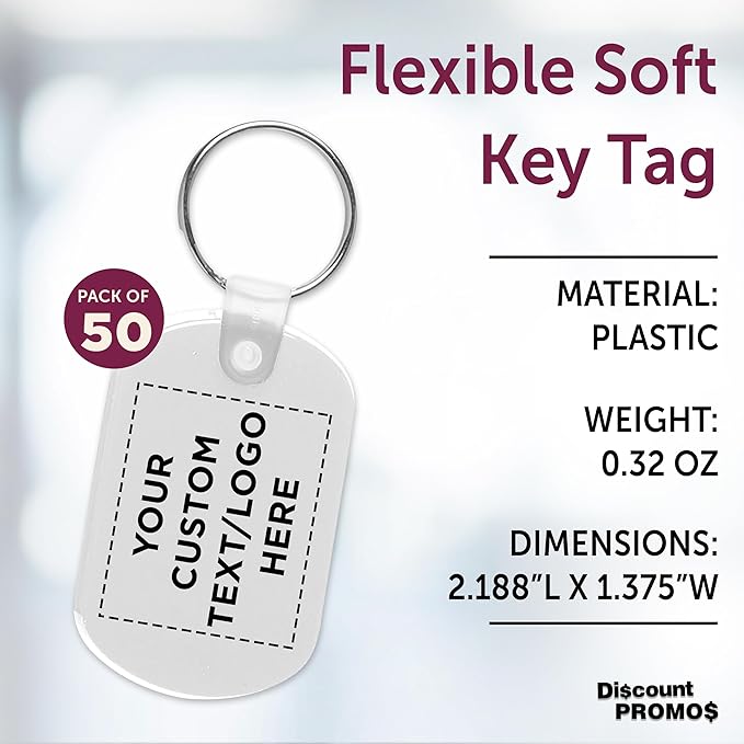 DISCOUNT PROMOS Tag Soft Plastic Keychains - 50 pack - Customizable Text, Logo - Small Key Tag Chain For Staying Organized - Rubber Key Ring Keychain – White