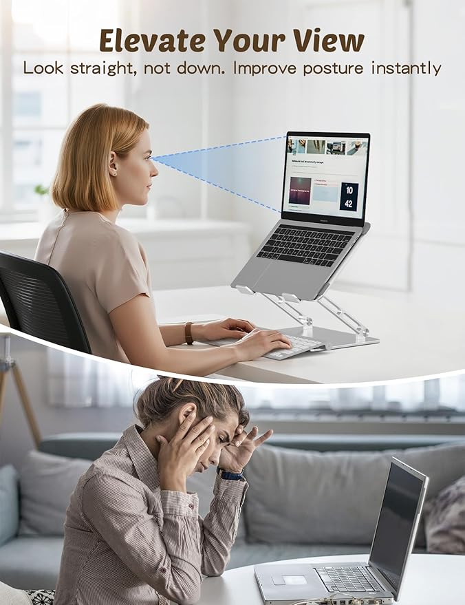 Laptop Stand for Desk – Portable Adjustable Laptop Riser & Holder, Foldable Computer Stand Compatible with MacBook Air Pro, Dell, HP, Lenovo (10"-17.3"), Featuring Cat Panel Design, Silver