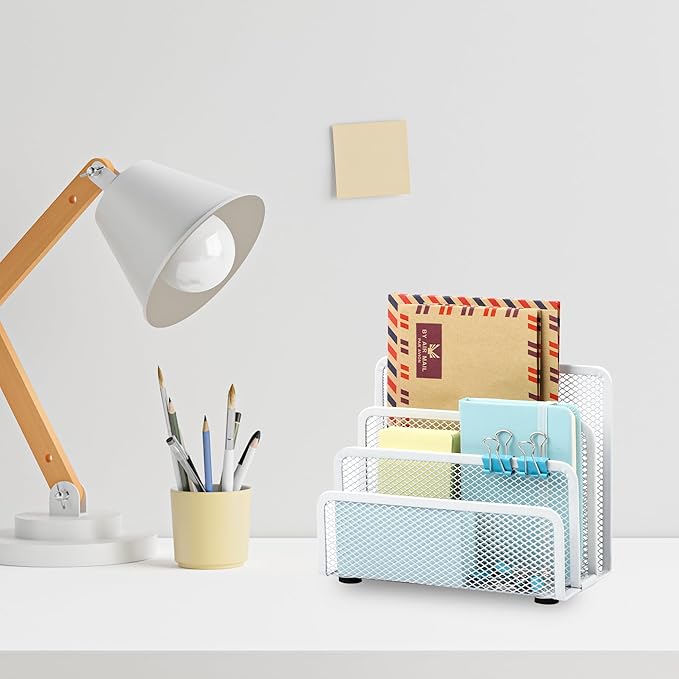 EASEPRES Desk Mail Organizer, Office Small Desktop Metal Mesh Envelope Letter Sorter Paper File Holder Organizer with 3 Vertical Upright Compartments, White 1 Pack