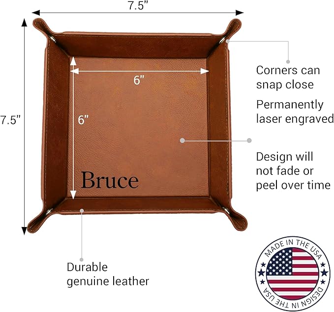 Personalized Valet Tray, Custom Engraved Leather Keys Tray for Men - Catchall Tray Organizer for Entryway Table, Unique Dad Birthday Gift from Daughter Son, Father Day (Monogrammed)
