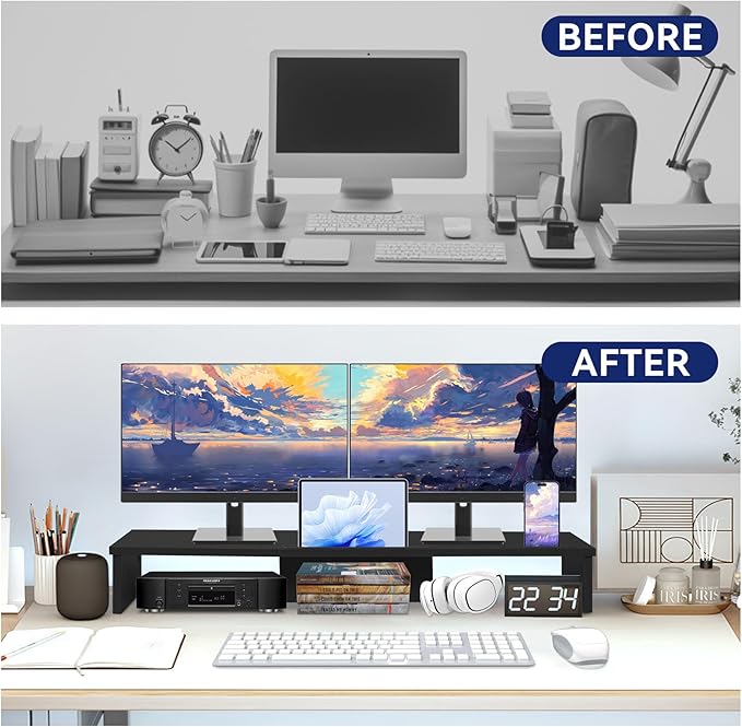 Dual Monitor Stand Riser with Phone Tablet Holder, 35.8in Large Monitor Stand for Desk, Computer Monitor Stand for 2 Monitors, Desk Shelf for Top of Desk, Desktop Organizer for Laptop, Printer, TV