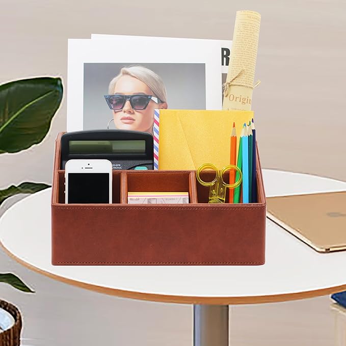 Desk Organizer, Mail Organizer Countertop, Bills Organizer, Mail Sorters, Magazine Holder, Desk Organizer and Accessories for Office Supplies, Brown Leather