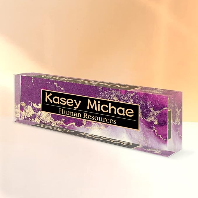 SalaGraphics Desk Name Plate Personalized, Custom for Desk, Office Decor Men, Acrylic Accessories, Gifts Coworkers Boss Teacher, Employee Appreciation (Purple/Gold), 8''(L)x2.5(W)