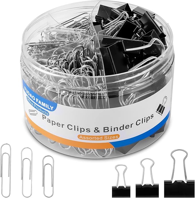 FUDAO FAMILY Paper Clips & Binder Clips, 340 PCS Assorted Sizes, Silver & Black, Metal, Medium, Large, Small