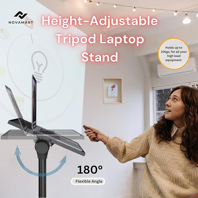 Laptop Tripod Stand – Adjustable Laptop Holder with Phone Mount | Heavy- Duty Alloy Tripod Stand with Tray | Height Adjustable 0.65–1.6m | Portable, Foldable, 15kg Load Capacity | Black