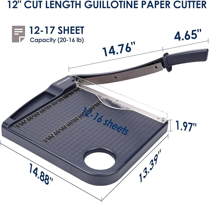 Paper Cutter,Paper Trimmer12" Cutting Length Heavy Duty Guillotine Paper Slicer with Safety Guard and Blade Lock,12 Sheets Capacity,Ideal for Offices,Homes,Printing Shops,Photo Studios (13079GREY)