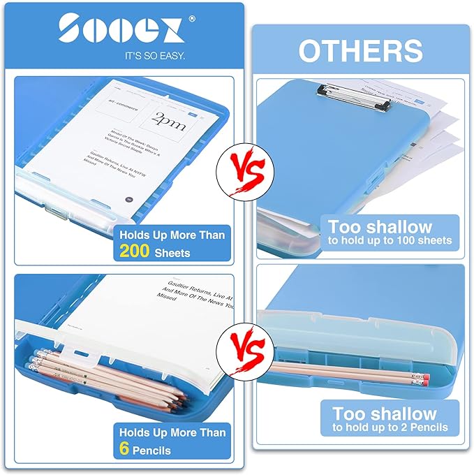 Sooez Clipboard with Storage, High Capacity Nursing Clip Board 8.5 x 11 with Pen Holder & Low Profile Clip, Plastic Clipboards Case Box, Teacher Must Haves School Office Supplies,Letter Size/ A4
