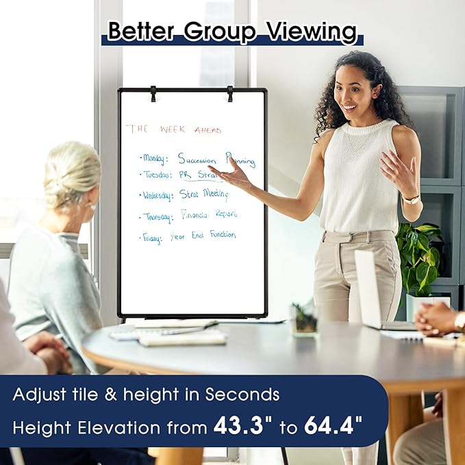 Magnetic Whiteboard Easel, 36"x24" Height Adjustable Dry Erase Board with Stand, Large Aluminium Frame White Board for Teaching, Flipchart Standing Writing Board for Office，Home (Black)