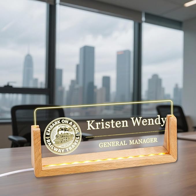 Ships Next Day, Custom Logo Name Plate for Desk - Business Light Up Acrylic Desk Name Plate Personalized Elegant Office Gifts for Boss Coworker Employee Appreciation Gifts, Office Decor for Women Men