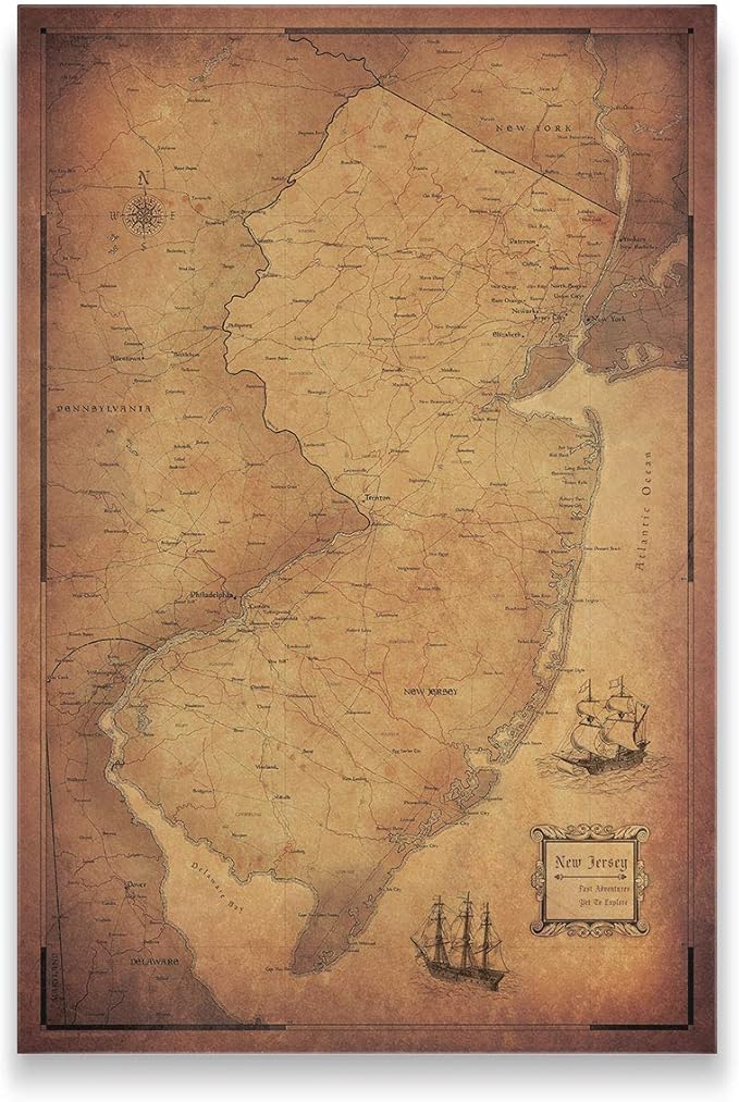 Conquest Maps Push Pin New Jersey Map Board - With Push Pins to Mark New Jersey Travels - Handmade in Ohio, USA - Design: Golden Aged