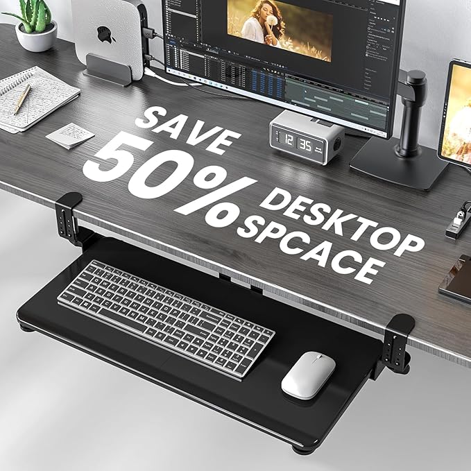 Keyboard Tray Under Desk, Pull Out Keyboard & Mouse Tray with Adjustable C-clamp, 25.6(31.5 Including Clamps) x 11.8 Inch Slide Out Computer Keyboard Drawer Mouse Tray for Typing, Black