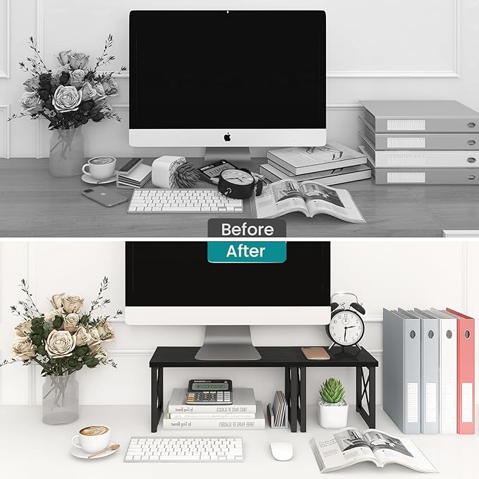 ELITEROO Wood Desktop Shelf, Freestanding Small Bookshelf Dorm Supplies Organizers, 2 Tier Independent Stackable Desk Stand, Adjustable Storage Organizer, Kitchen Counter Display Rack, Black