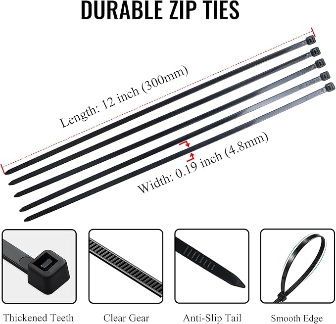 Zip Ties 12 inch 1000 Pack Black, 50 lbs Tensile Strength, Self-Locking Nylon Cable Ties, UV Resistant Plastic Wire Ties for Indoor and Outdoor Use by EMINCOUP