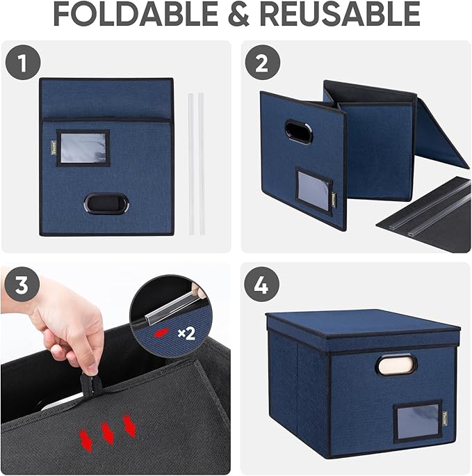 BALEINE File Organizer Box with Lid, Collapsible File Folder Organizer with Plastic Slide, Hanging File Folder Box for Office Document Storage (Tab Friendly, 1 Pack, Blue)