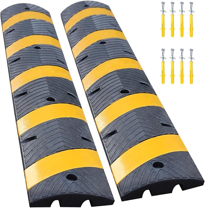 Orangestar 2-Pack 6Ft Rubber Speed Bump, 2 Channel Heavy Duty Speed Hump Cable Protector Ramp w/8 Bolts for Asphalt Concrete Driveway Gravel 72x11.8x1.8 inch(L x W x H)