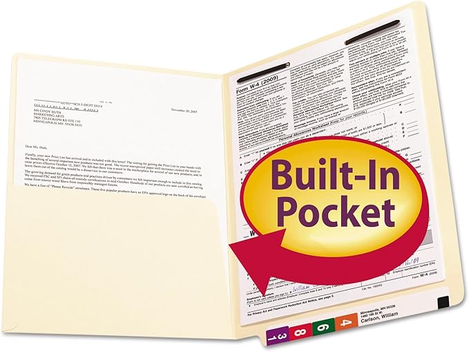 Smead End Tab Pocket Folder with Fastener, Straight-Cut Tab, 1 Pocket, Letter Size, Manila, 50 per Box (34100), Pack of 1