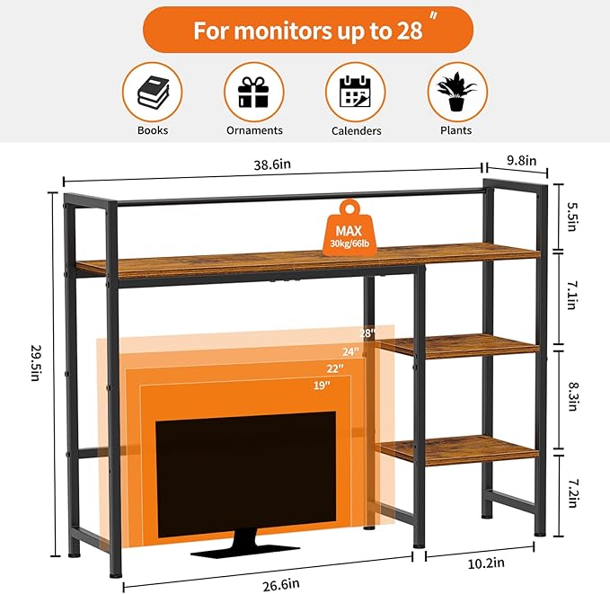 Snughome Desk Shelf, 38.6" Desktop Organizer Shelf, Desk Hutch for Computer Monitor, 4 Tier Desk Display Rack, Wood Desktop Bookshelf Storage Rack for Home Office Dorm, Rustic Brown