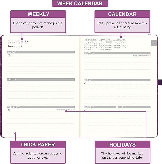 2026 Planner - JAN 2026 - DEC 2026, Planner 2026, Weekly and Monthly planner, 8.5" x 11", Leather Cover Planners with Thick Paper, Back Pocket with Notes Pages, Purple