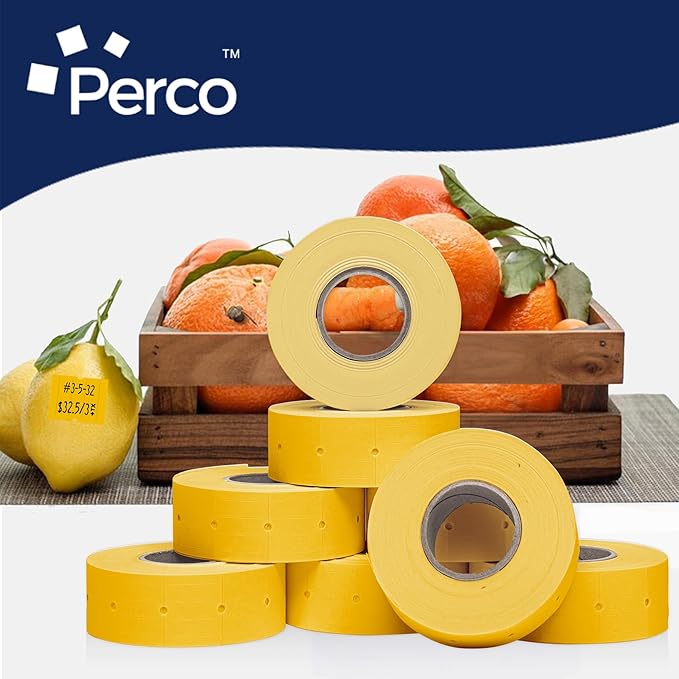 Perco 2 Line Yellow Labels - 8 Rolls, 1 Sleeve, 6,000 Blank Price and Date Gun Labels for Perco 2 Line Price and Date Guns - Made in USA
