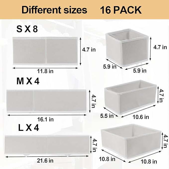 16 Pack Drawer Organizer Clothes, Foldable Fabric Dresser Organizer Closet Organizers and Storage Box for Underwear,Folded Clothes,Baby Clothing,Socks,Bra,Towels,Ties(White)