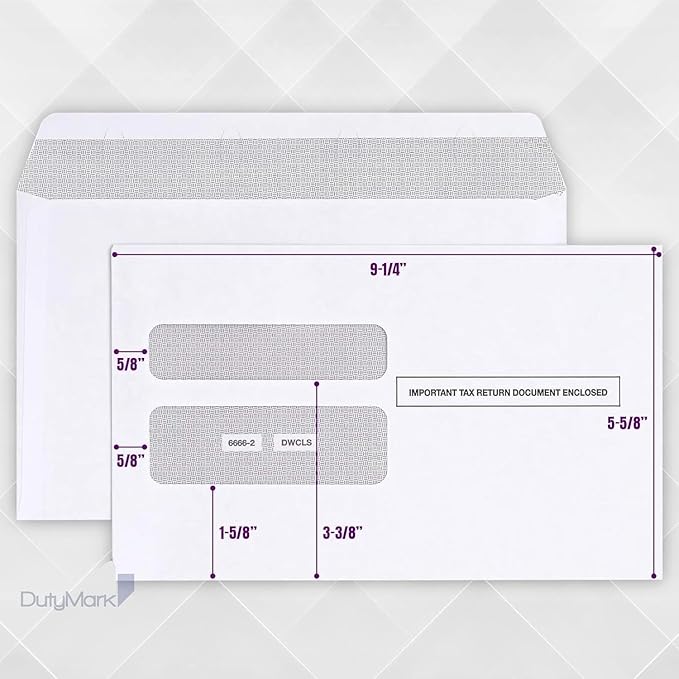 W2 Envelopes, Designed for Printed W2 2 Up Laser Tax Forms, For QuickBooks Desktop and Other Tax Software, 5 5/8’’ x 9’’ Gum Seal, NOT for QB Online W2s. 25 Pack