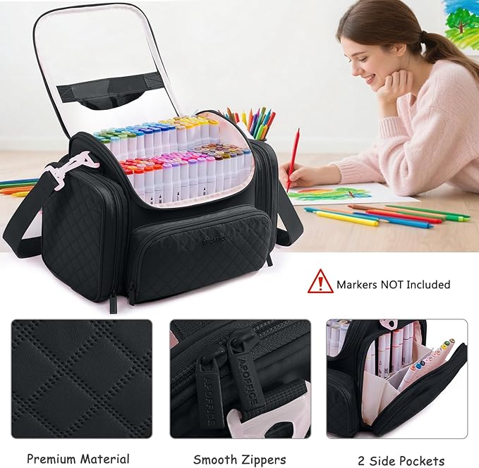 Marker Organizer Case Bag for 200-300 Markers – Large Art Supply Storage Bag with Detachable Dividers, Travel Marker Holder for Alcohol Markers, Brush Pens, Colored Pencils & Craft Supplies
