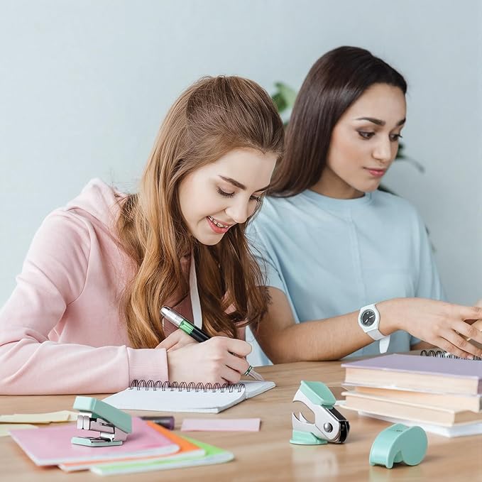 Colarr Mini Office Supply Kit Includes Stapler Tape Dispenser Staple Remover Paper Clips Scissor Staples Pen Sharpener Note Small Telescopic Knife for Office and School Clerk Student (Green)