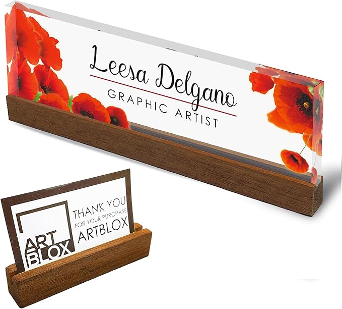 Artblox Office Personalized Name Plate for Desk with Business Card Holder On Clear Acrylic Glass Poppy Flowers Design Custom Desk Name Plate with Your Name and Credentials Customized Gift