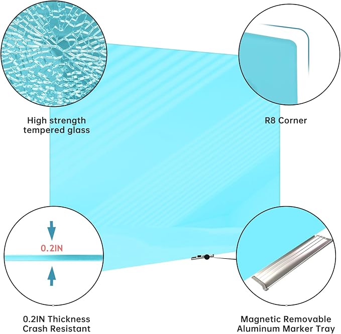 Magnetic Glass Whiteboard - Glass Dry Erase Board 48"x36" Large Frameless Glass Board for Walls Office School and Home, Blue