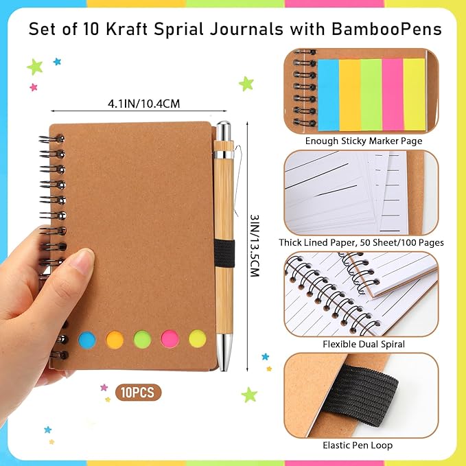 Chuangdi 10 Sets Employee Appreciation Gifts Bulk, Inspirational Kraft Spiral Notebooks with Sticky Notes and Bamboo Pens, Motivational Team Gifts for Office Staff, Coworker, Teachers, Students