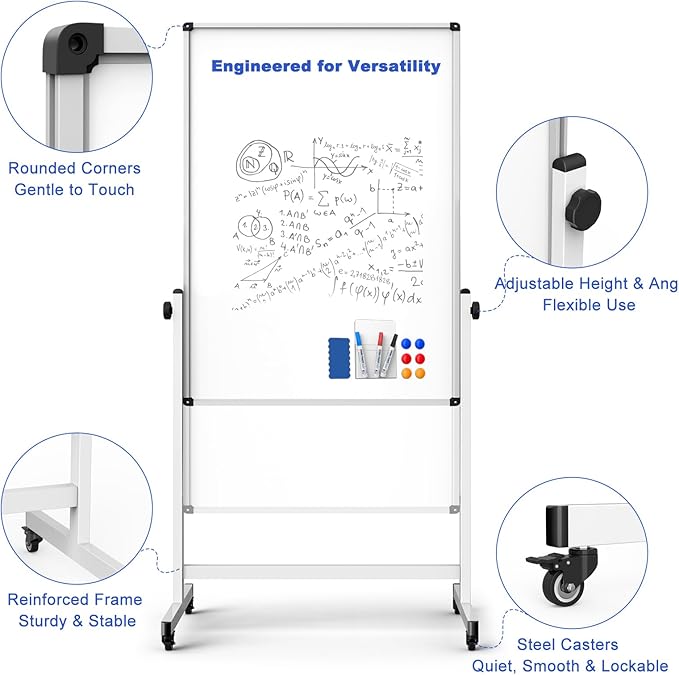 Rolling Whiteboard on Wheels, Double-Sided Magnetic Dry Erase Board with Stand, Mobile White Board for Office, Classroom, Home (28" x 40")