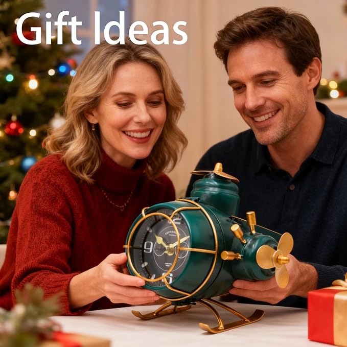 YOUKI Airplane Desk Clocks,Tabletop Decor,Airplane Gifts for Men,Industrial Decor,Shelf Clock for Bedroom Office,Silent No Ticking,Battery Operated,Green,8.6 x 8.4 x 7.5 inches