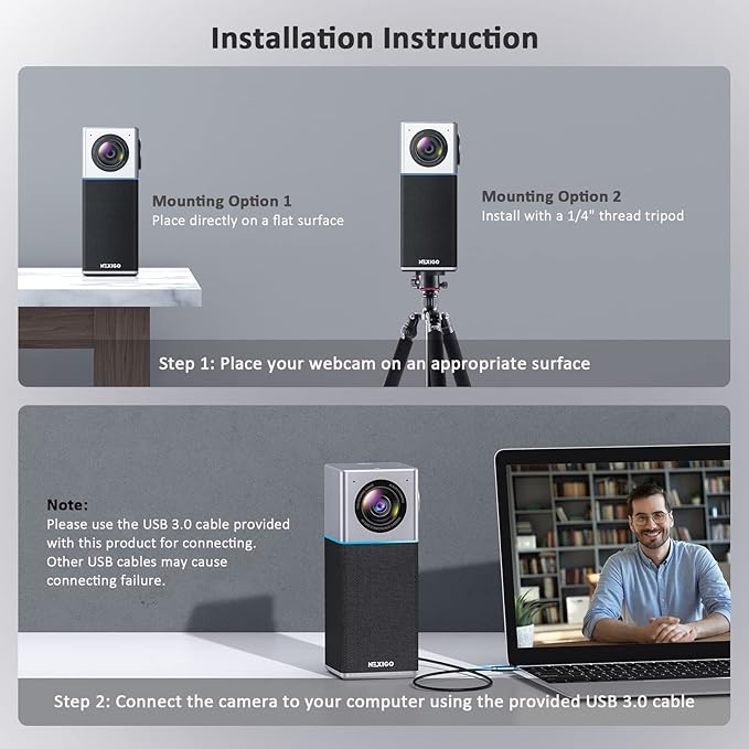 NexiGo N3000 4K Portable Video Conference Camera, Zoom Certified, AI Webcam with Speaker and Microphone, Auto-Framing, 4-Mic Array, 48kHz, Video Audio System for Zoom/Teams/Webex (Renewed)