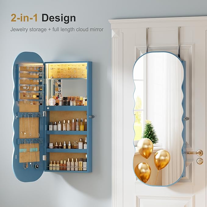 HNEBC LED Mirror Jewelry Cabinet,Wall or Door Mounted Jewelry Armoire Organizer with Lights,Lockable Wide Wavy Mirror with Storage,42.5" L Full Length Mirror with Jewelry Storage,Interior Mirror