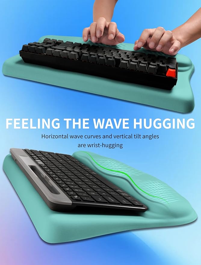 Ergonomic Wave Wrist Rest with Keyboard Stand, Cushioned Palm Rest, Comfortable Integrated Memory Foam for Natural Typing and Relieve Wrist Pain, Baby Blue
