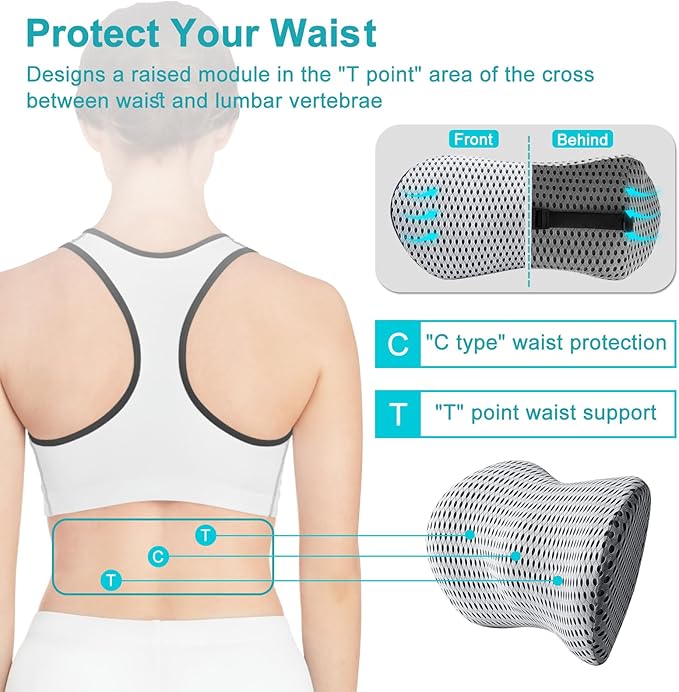 Lumbar Support Pillow with Bandage, Memory Foam pad for Relieving Lower Back Pain, and Back Support pad for Easy Fixation on Office Chair, car, Bed and Other Articles Back Pillow Gray
