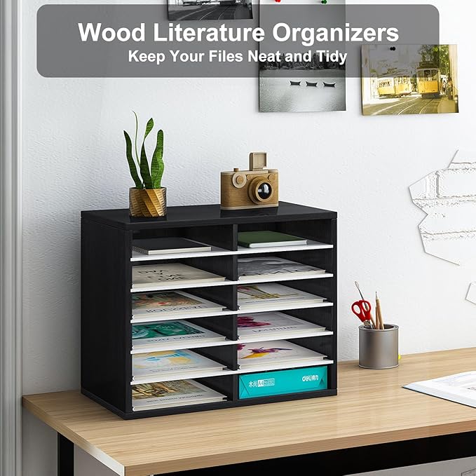 PAG Countertop Mail Sorter Organizer, Wooden Literature Organizer, Student Mailbox for Classroom, Desktop Bill Organizer for Office Home School, 12 Compartments, Black&White