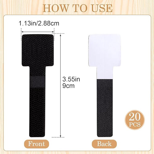 20pcs Hook and Loop Cable Ties, 3.55 Inch Self Adhesive Cable Management Straps for Desktop Network Wires, Adjustable Reusable Appliances Cord Organizer for Office Home Desk - Black