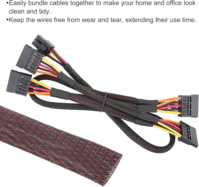 25ft PET Expandable Wire Loom 1.5 Inch, PET Braided Wire Sleeving Cable Management Sleeve Tubing [for Audio Video Home Office Cord Protector]-Black Red