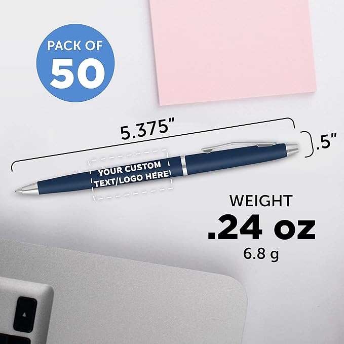 DISCOUNT PROMOS Custom Langham Ballpoint Pens Set of 50, Personalized Bulk Pack - Black Ink, Great for Office, School, Business, Tradeshows - Navy Blue