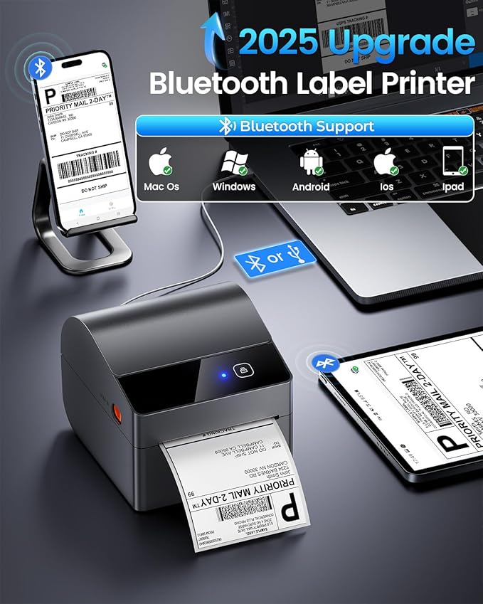 ASprink Bluetooth Shipping Label Printer 4x6, 2025 Upgraded Thermal Label Printer with Built-in Paper Bin, Thermal Printers for Small Business & Shipping Packages, Compatible with Amazon, Tiktok, USPS