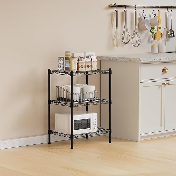 3-Tier Heavy Duty Wire Shelving Unit with Lockable Wheels, Metal Storage Rack for Garage, Pantry, Kitchen & Living Room, 39.4" H × 36.9" L × 18.6" D