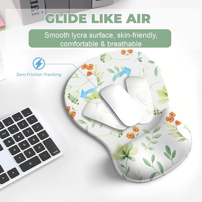 Mouse Pad with Wrist Rest, 3-in-1 Premium Lycra Fabric Memory Foam Ergonomic Wrist Support for Keyboard, Laptop & Desktop, Pain Relief Mousepad with Non-Slip PU Base for Office & Home (Elegant Flower)