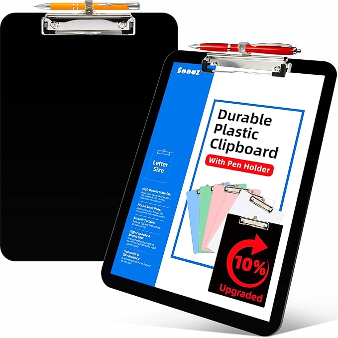 Sooez Plastic Clipboard with Pen Holder, [10% Thicker] Clip Boards 8.5x11 with Low Profile Clip, Cute Hanging Clipboard, Standard Letter Size A4 for Women Teacher, Office & School Supplies