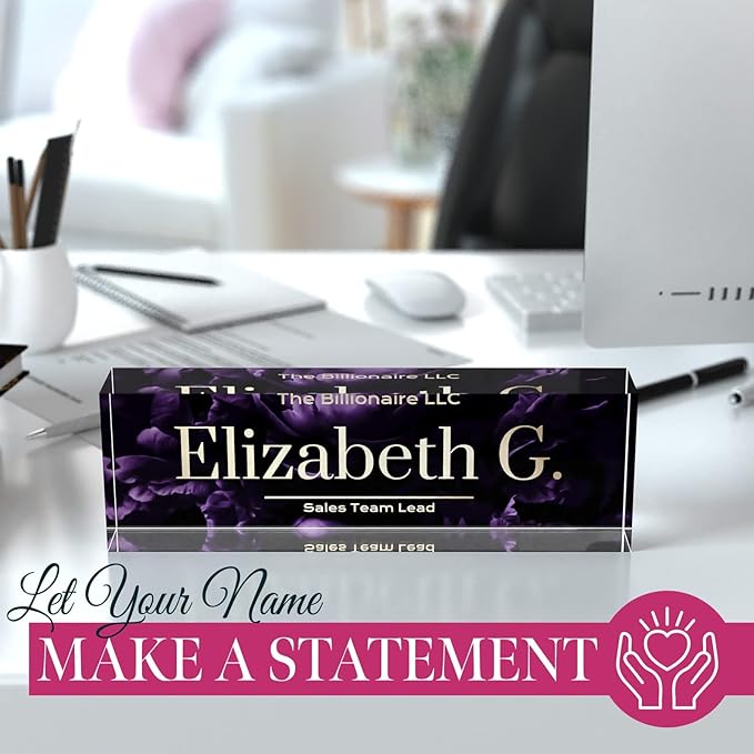 Desk Name Plate Personalized, Custom Name Plates 2½/x8 Inches, Thick Crystal-Clear Acrylic, Gift Box, Office Desk Decor. USA Made by ACRYLUXE (Blossom)
