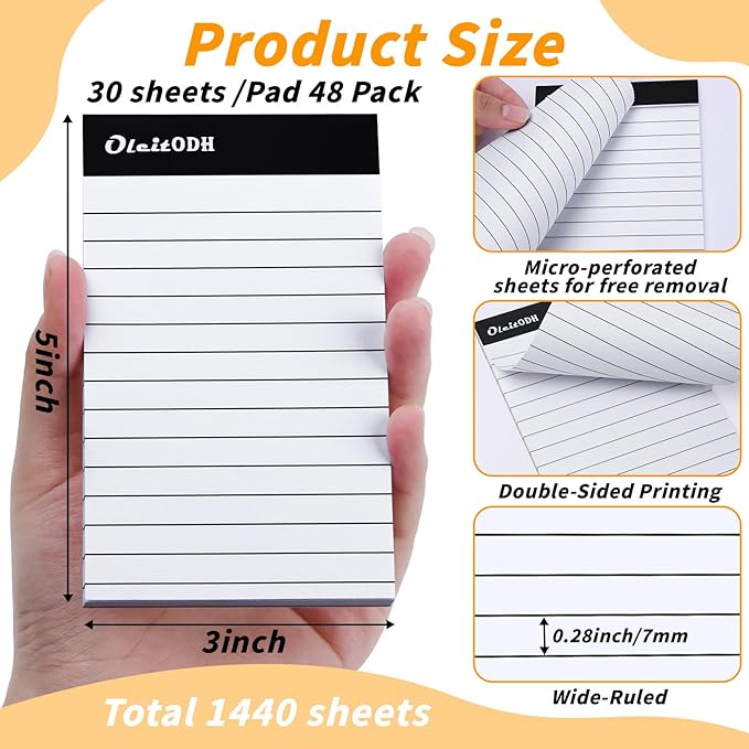 Oleitodh 3x5 Notepads – 48 Pack White Memo Pads Small Writing Pads with Perforated Lined Pages, Mini Note Pads 50 Sheets per Lined Note Pads 3x5, Pocket Notepads for Office School Home Supplies