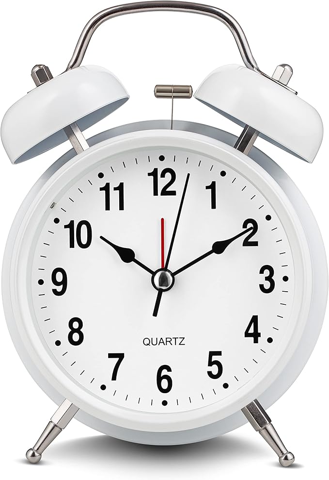 Bernhard Products Analog Alarm Clock Extra Loud Twin Bells Retro White 4 Inch Silent Non-Ticking Quartz Battery Operated with Backlight, Decorative Bedside Table Desk Vintage Clocks for Heavy Sleepers