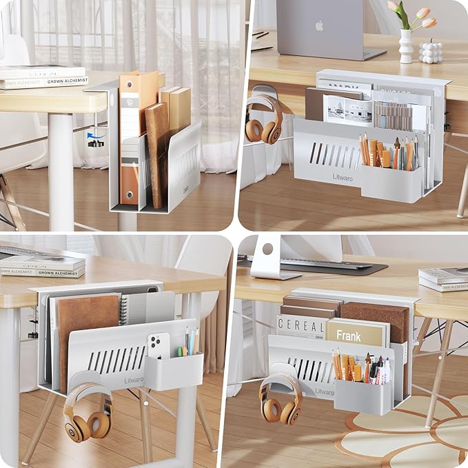 Litwaro Desk Side Storage Organizer, 2 Tier Under Desk Laptop Holder No Drill, Laptop Mount with Magnetic Pen Holder, Hanging Desk Organizer Fits Flat Edge Desks 0.4" to 2.1" (White)